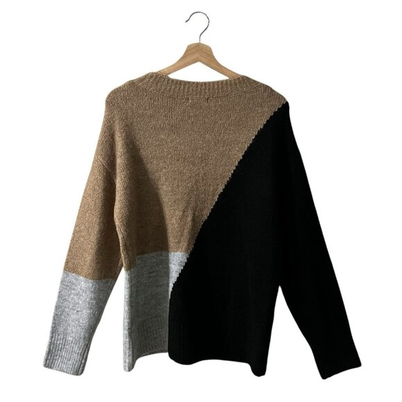 Vigoss Sweater Size Medium Colorblock V Neck Knit Cozy Pullover Long Sleeve Tan - Picture 3 of 10